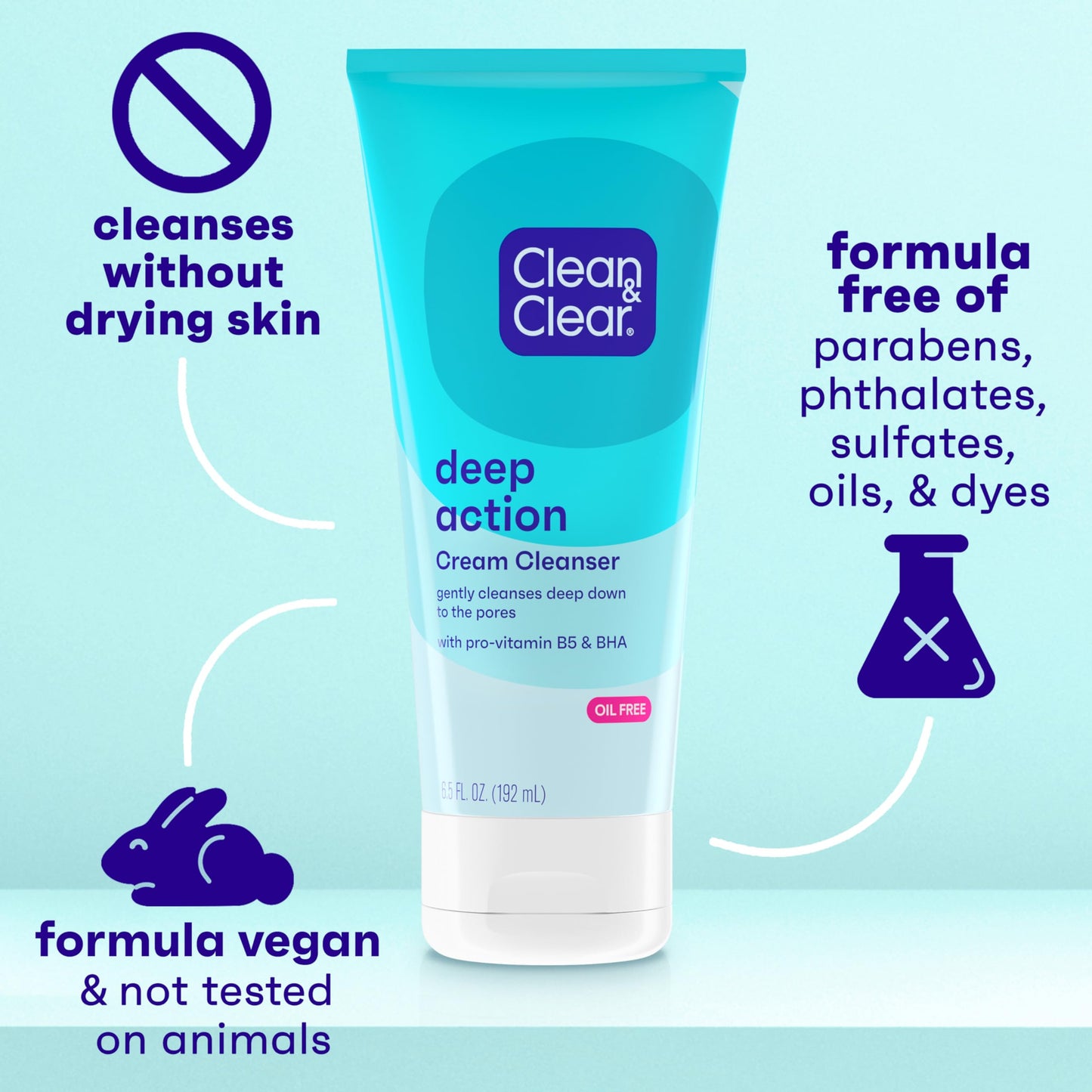 Clean & Clear Oil-Free Deep Action Cream Facial Cleanser, Cooling Daily Face Wash for Deep Pore Cleansing of Acne-Prone Skin, 6.5 oz (Pack of 2)