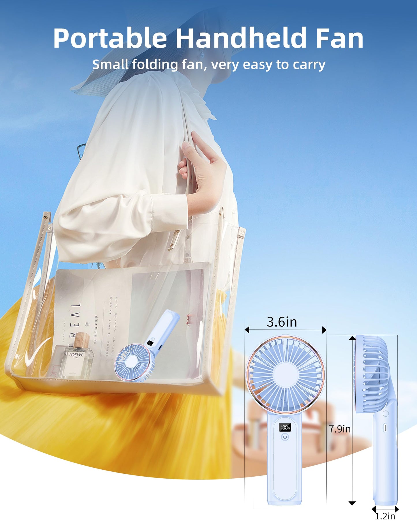 TUNISE Portable Handheld Fan, Portable Fan Rechargeable, 4000mAh, 180° Adjustable, 6 Speed Wind, Display Electricity in Real Time, USB Rechargeable Foldable Fan, Quiet Personal Fan as Power Bank