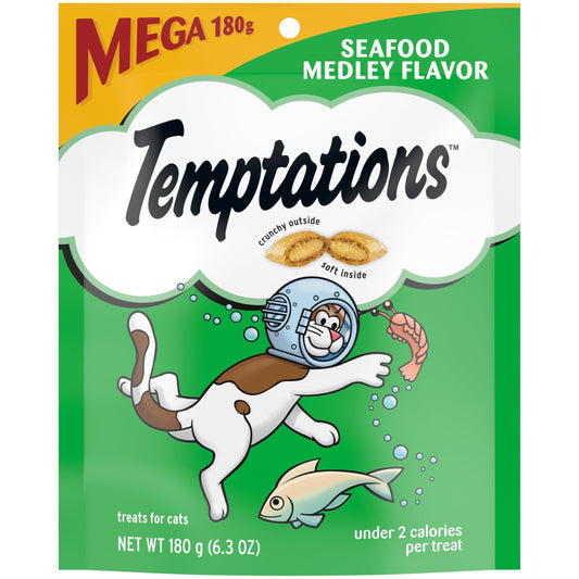 Temptations Classic Crunchy and Soft Cat Treats Seafood Medley Flavor, 6.3 oz. Pouch (Pack of 10)