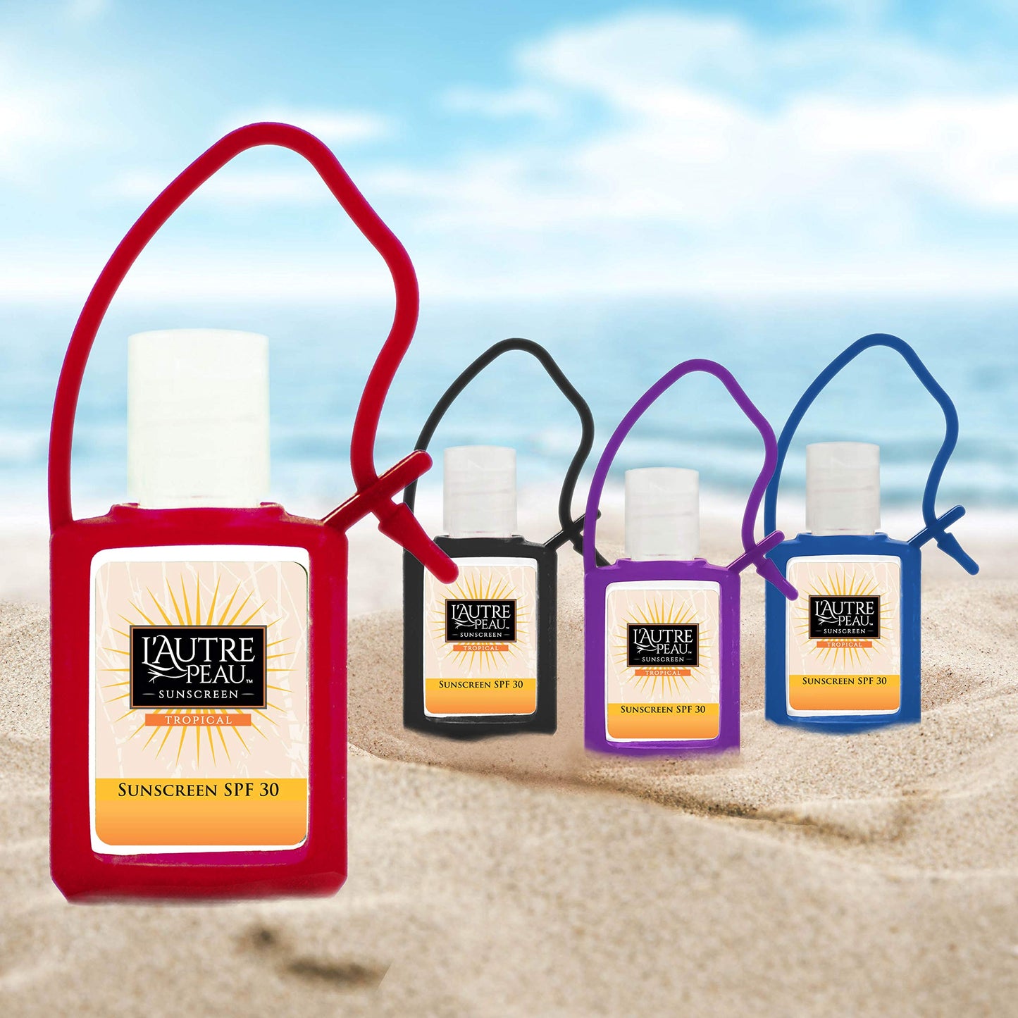 SPF 30 Sunscreen Multi-Pack by L'AUTRE PEAU | Travel Size Sunscreen for Men, Women, and Kids | Non-Greasy Water Resistant | Tropical Scent | TSA Approved | (4 Pack Sunscreen With Travel Strap)