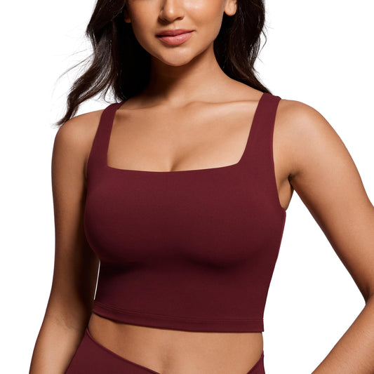 CRZ YOGA Butterluxe Womens Square Neck Longline Sports Bra - Workout Crop Tank Tops Padded with Built in Shelf Yoga Bra Red Merlot XX-Small