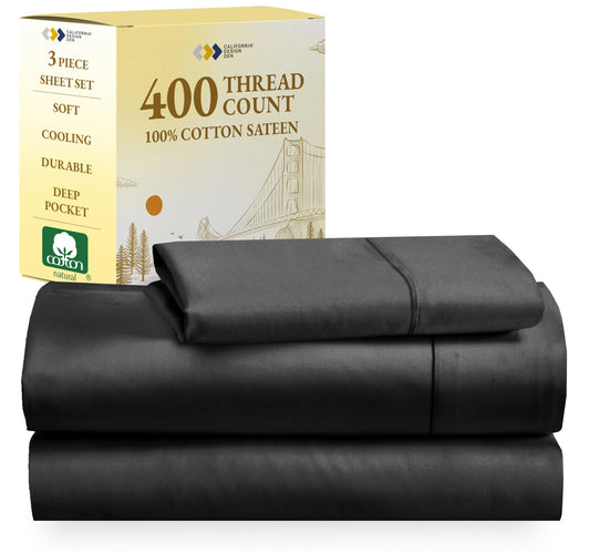 California Design Den Softest 100% Cotton Sheets, Twin Sheets Set, 400 Thread Count Sateen Bedding for Dorm Rooms & Adults, Deep Pocket Sheets, Cooling Sheets, Twin Bed Sheets (Black)