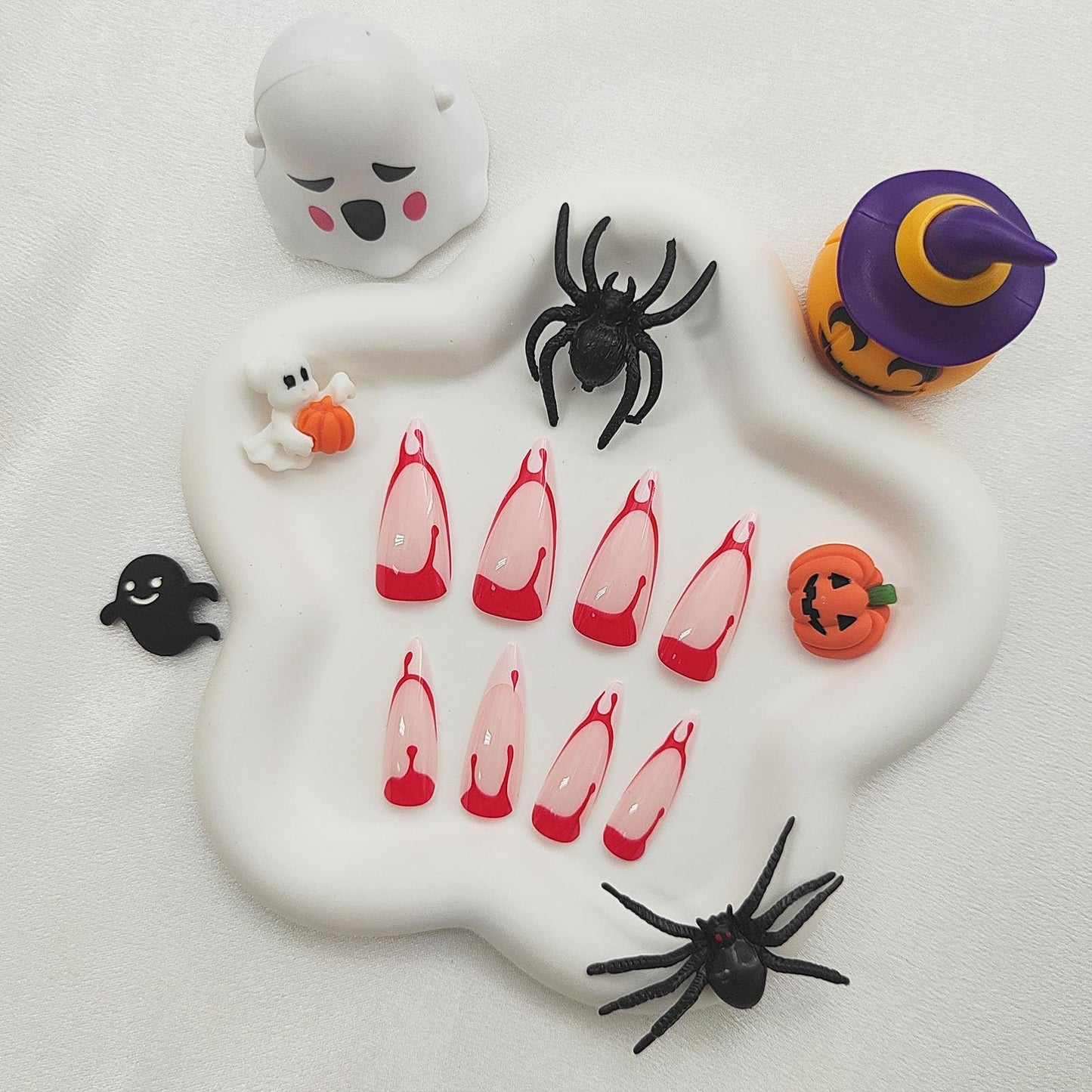 Halloween Press on Nails Long Almond Fake Nails with Red Blood Drop Designs White French Tip Nails Press ons Glossy Glue on Nails Halloween False Nails Acrylic Stick on Nails for Women 24Pcs