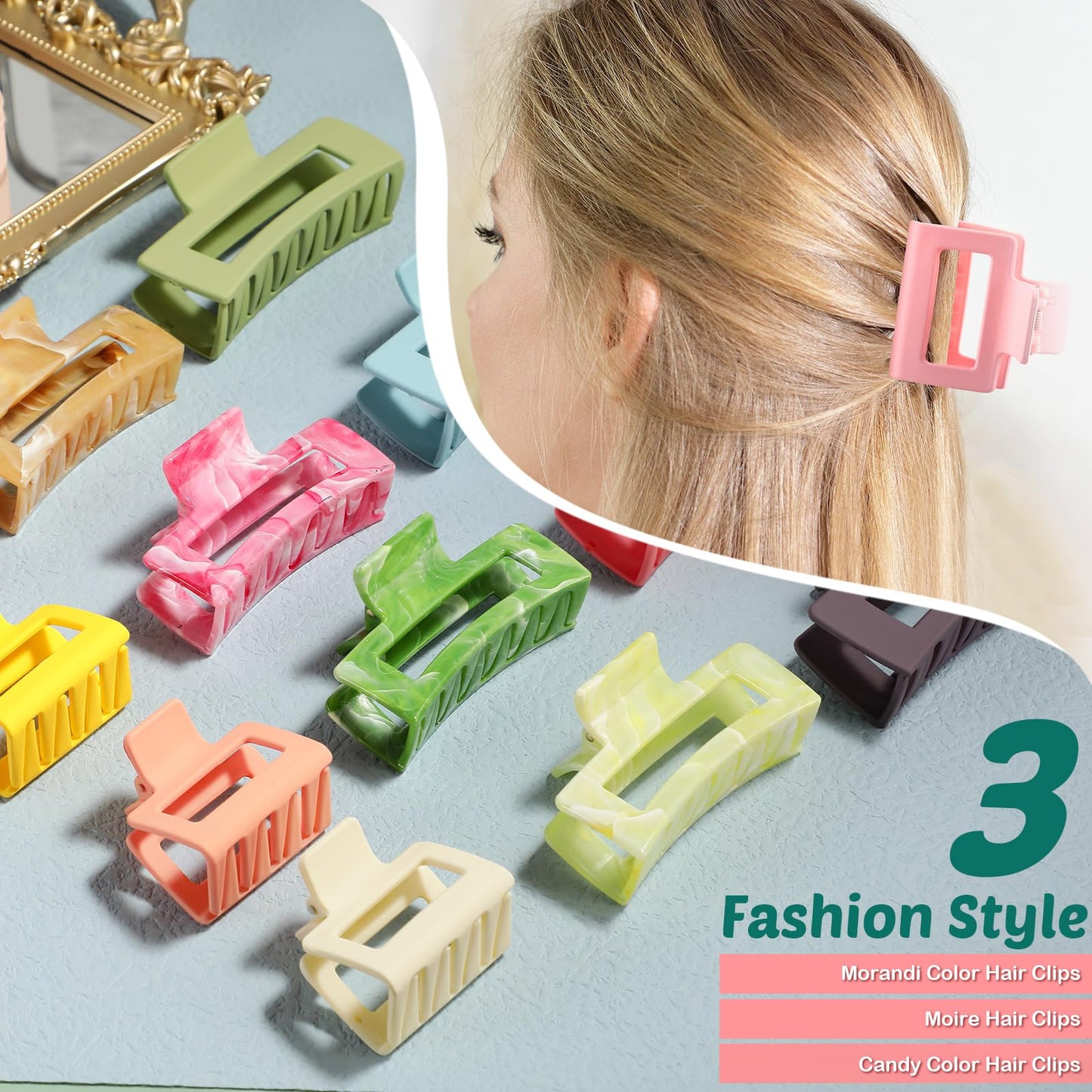 62 Piece Hair Clips Set: Rectangle Non-Slip Large and Small Claw Clips for Women and Girls - Assorted Sizes 2 Inch, 3.35 Inch, 4.1 Inch