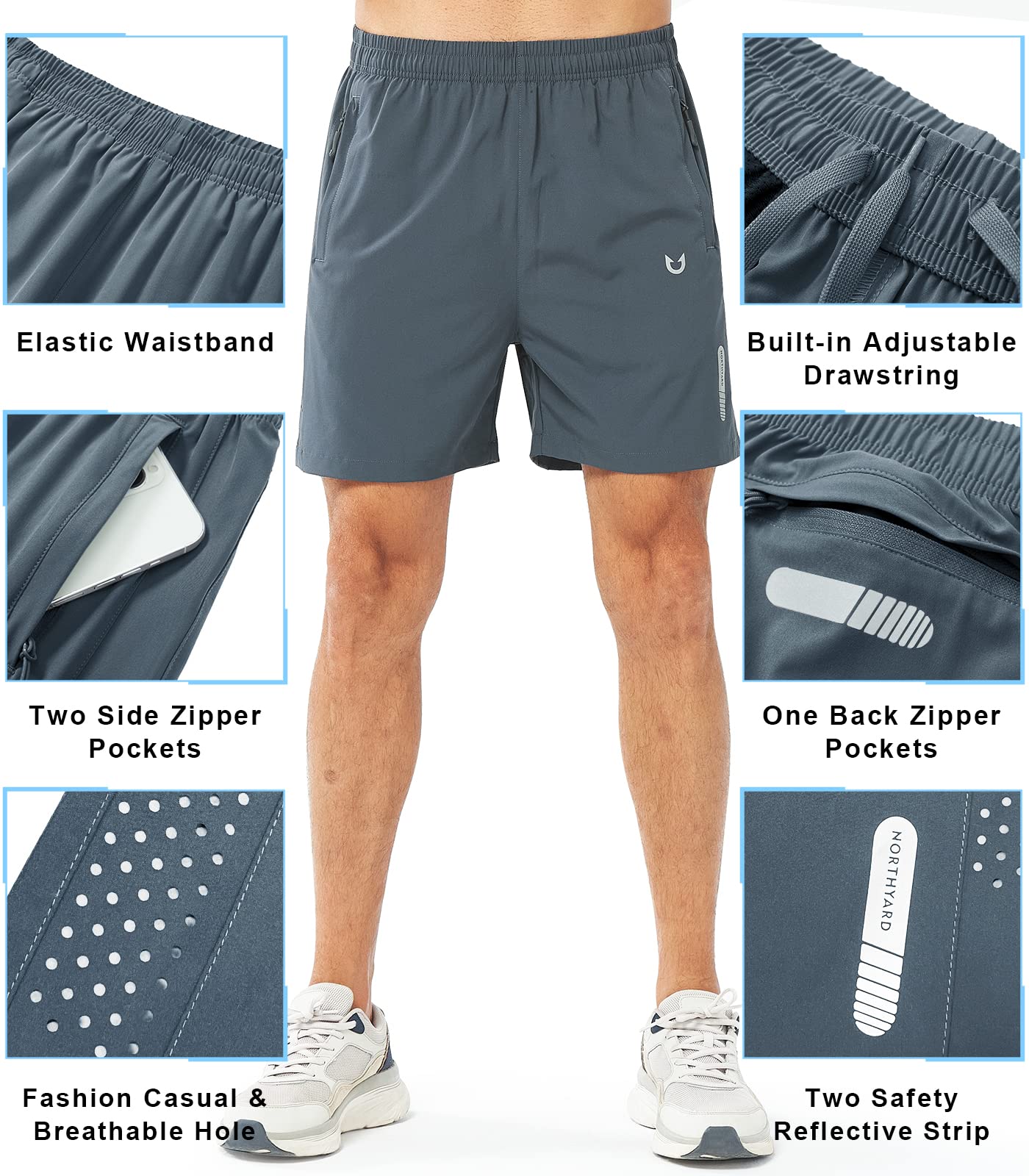 NORTHYARD Men's Athletic Running Shorts Quick Dry Workout Shorts 7"/ 5"/ 9" Lightweight Sports Gym Basketball Shorts Hiking Exercise COOLGREY-5inch S