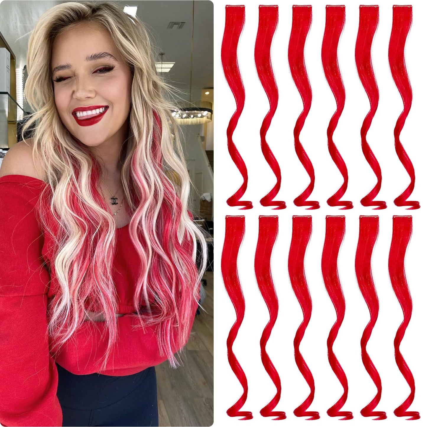 Fanguilar Colored Hair Extensions 12 PCS 20 Inch Rose Red Clip in Hair Extensions Rainbow One Color Party Highlight Long Wavy Synthetic Hairpiece for Women Gifts Halloween Party