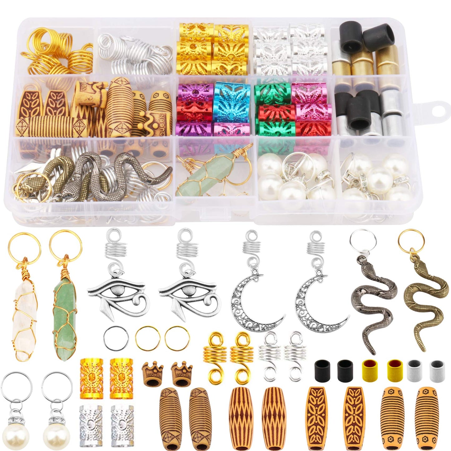 Messen 121PCS Hair Jewelry Dreadlocks Crystal Wire Wrapped Loc Adornment Imitation Wood Beads Braiding Cuffs Beard Tube Beads Hair Coils Rings Pearl Hair Pendants for Braids