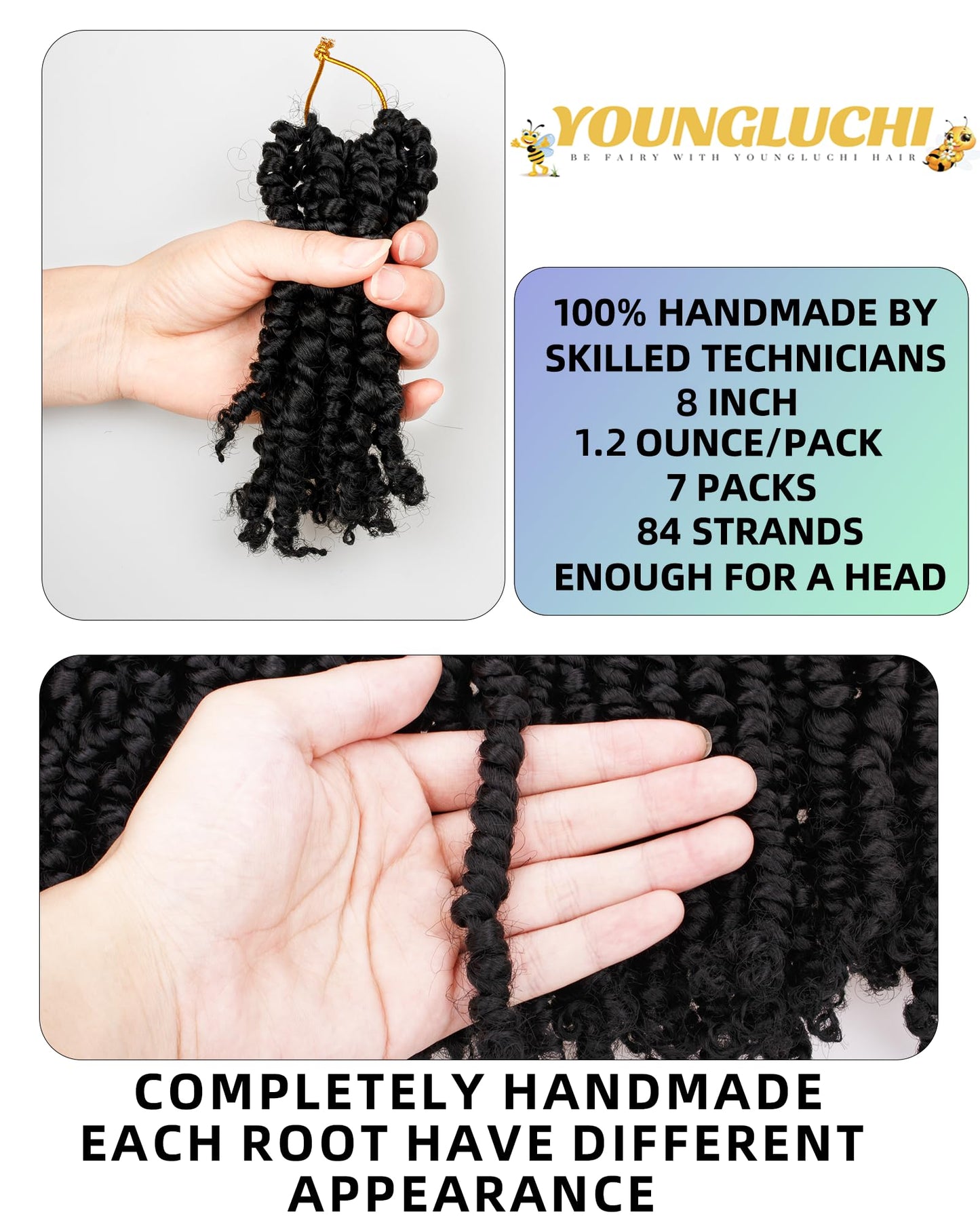 8 Inch 7 Packs Pre Looped Pretwisted Passion Twist Crochet Hair for Black Women and Kids-Natural Black,Soft Hair Extensions Braided by Synthetic Spring Kinky Twist Bohemian Curl(1B)