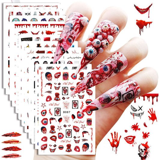 12 Sheets Halloween Nail Art Stickers 3D Self-Adhesive Nail Decals Skull Witch Ghost Horror Mouth Wound Scar Bloody Nail Designs Sticker for Women Girls Kids Halloween Party Supplies