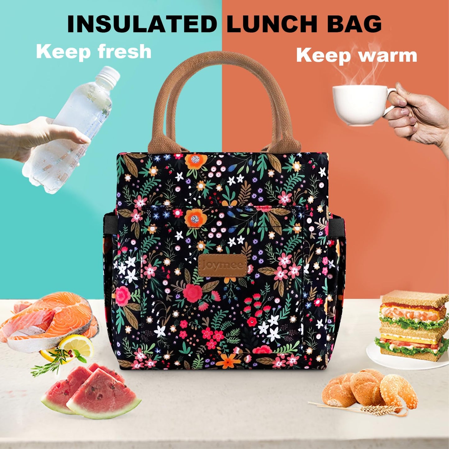 Joymee Lunch Bag Women, Leakproof Insulated Floral Lunch Box with Adjustable Shoulder Strap Large Reusable Adult Lunch Box Lunch Tote Lunch Bag with Water Bottle Holder and Side Pockets-Multi-Floral