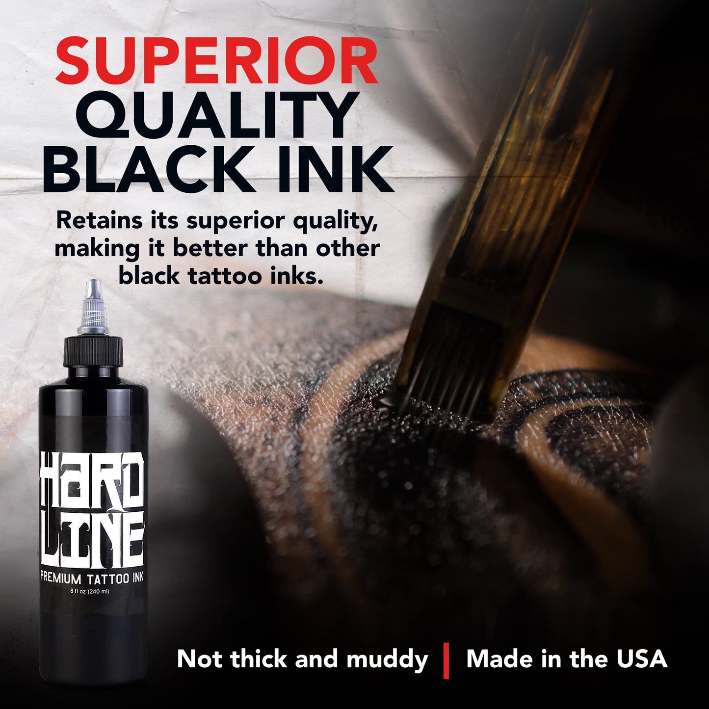 Hardline Premium Tattoo Black Ink – Permanent Black Tattoo Ink – Black Tattoo Ink for Lining and Shading – Professional Tattoo Ink for Tattoo Artists - Black Tattoo Ink 8 oz