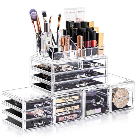 URMOMS Makeup Organizer 4 Pieces, Acrylic Makeup Storage Box with 12 Drawers for Lipstick Jewelry and Makeup Brushes, Stackable Vanity Organizer for Dresser and Bathroom Countertop