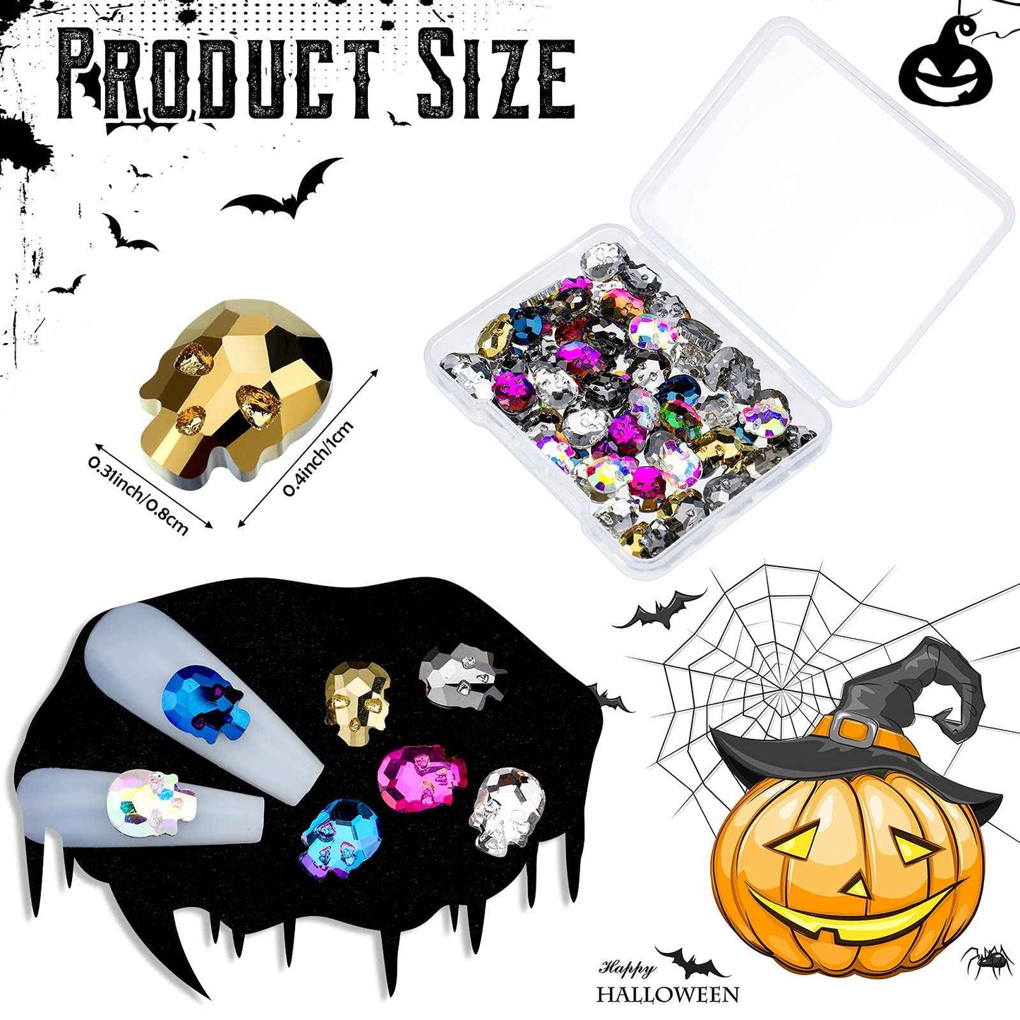 Queekay 70 Pcs Skull Nail Charms Halloween 3D Nail Art Charms Silver Gold Rainbow Alloy Rhinestone Skull for DIY Manicure