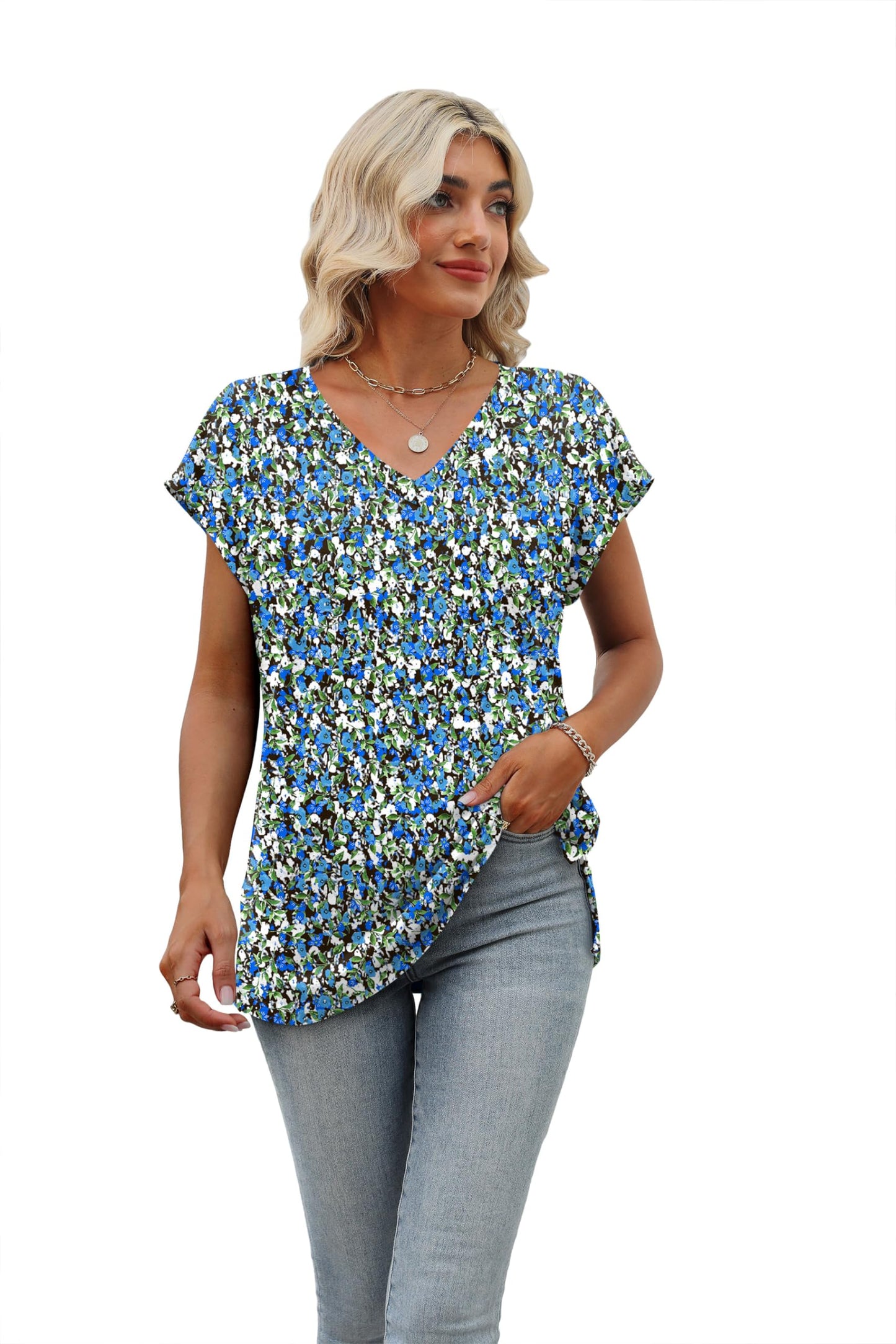 Tshirts Shirts for Women Floral Vacation Summer Tops Short Sleeve Blouses Print Blue Floral S