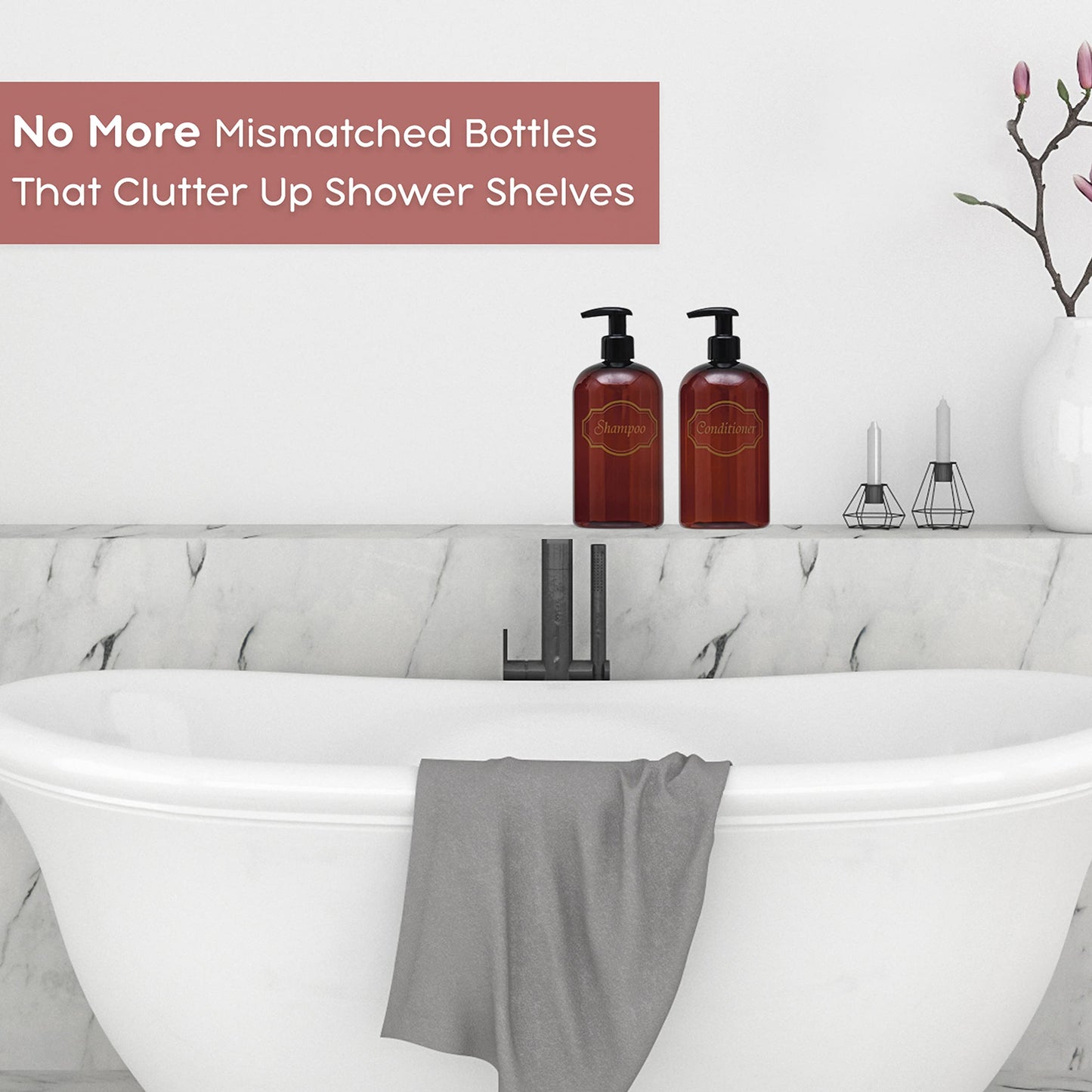 Bottiful Home-16 oz Shampoo and Conditioner Refillable Empty Plastic Pump Bottle Dispenser Set (Amber)