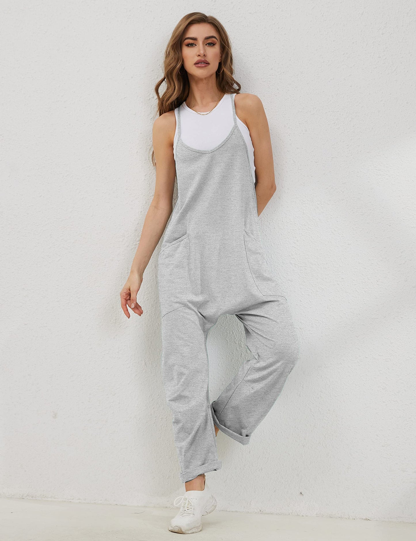 Lentta Women's Causal Jumpsuits V Neck Sleeveless Harem Overalls Stretchy Adjustable Strap Romper with Pockets(LightGrey-S)