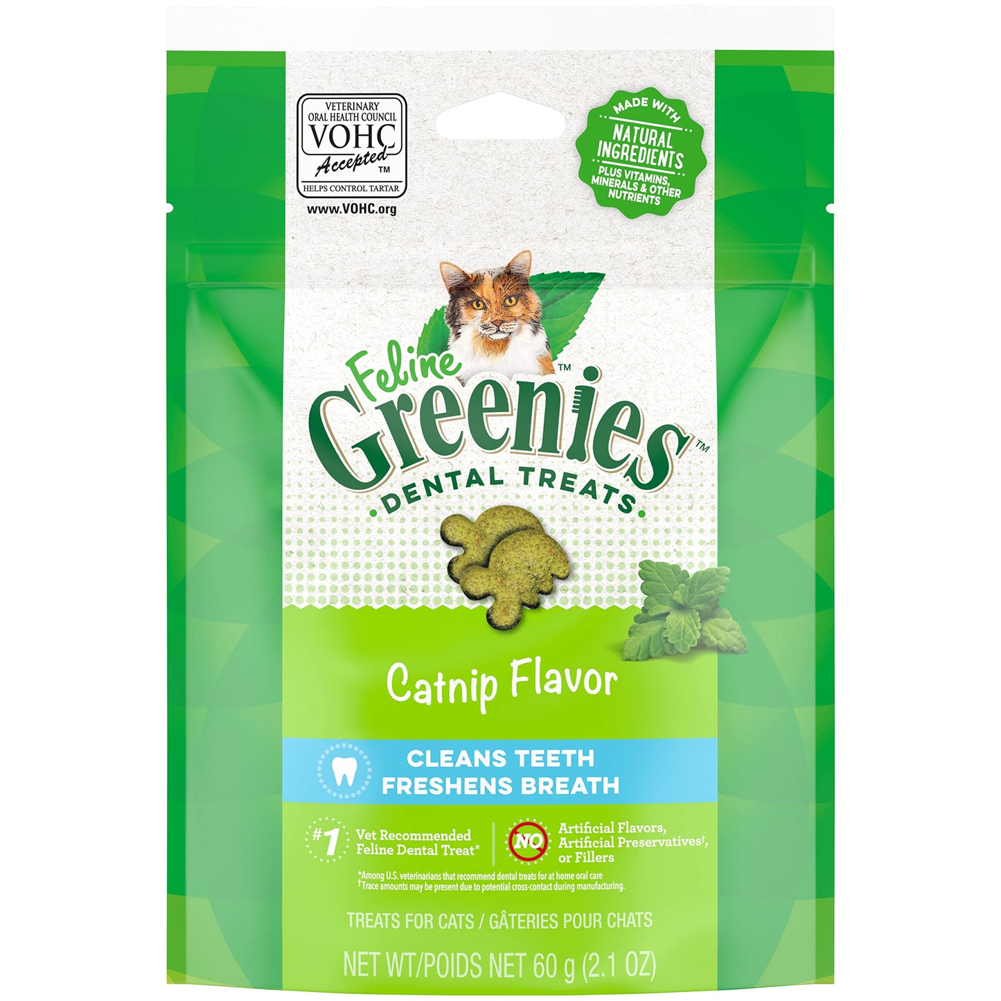 Greenies Feline Adult Natural Dental Care Cat Treats, Catnip Flavor, 2.1 oz. Pouch