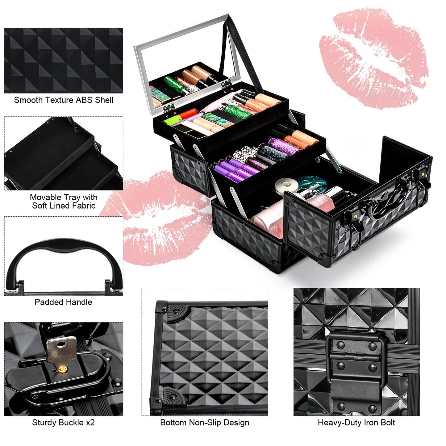 VETALLO Travel Makeup Box, Lockable Makeup Box Organizer I Make Up Box I Makeup Case Organizer I Makeup Box with Mirror I Large Makeup Organizer I Gifts for Her Women Bestie I Black