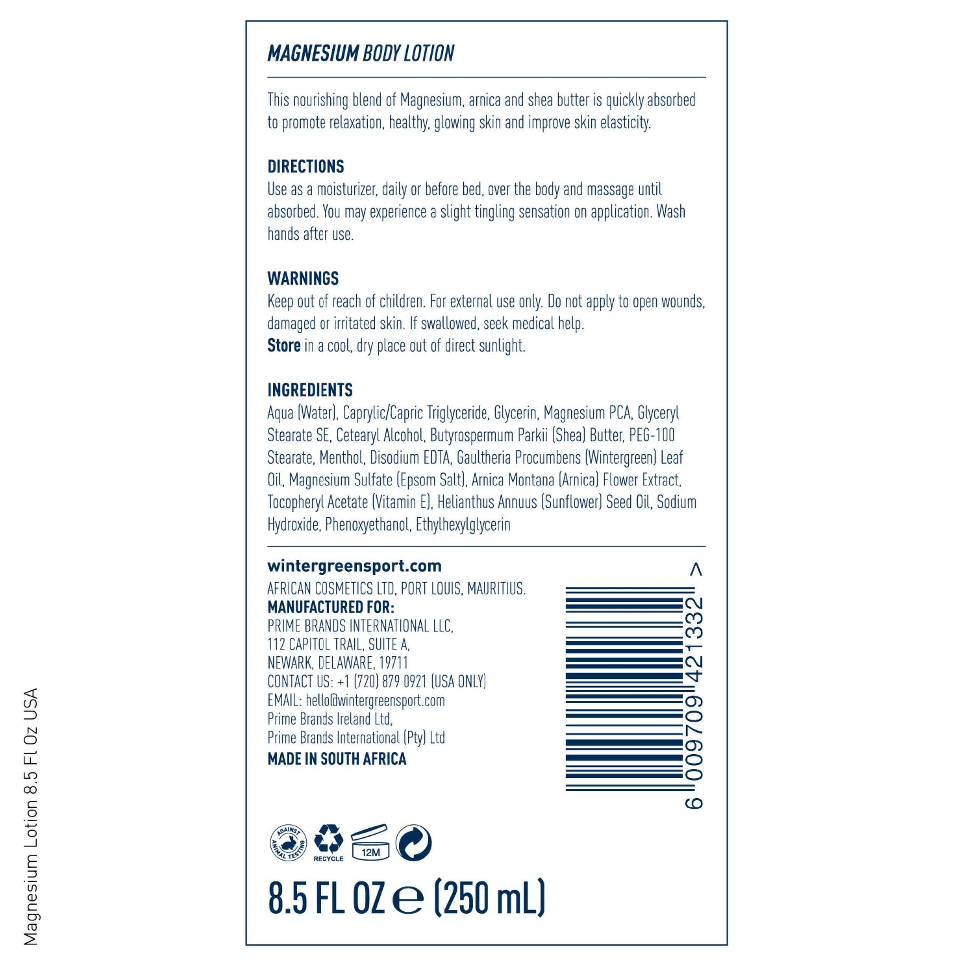 Wintergreen Magnesium Body Lotion, 8.5oz – Arnica, Menthol for Muscle Recovery, Soothing and Hydrating Formula for Sore Muscles, Fast-Absorbing Relief