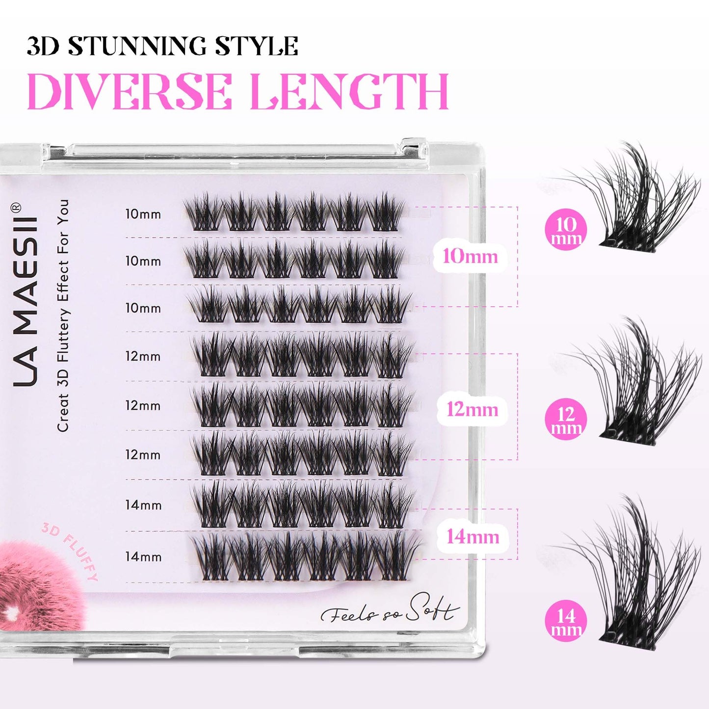 LA MAESII Lash Clusters, 3D Wispy Cluster Eyelash Extensions Fluffy DIY Cluster Lashes Eyelash Clusters, 10-14mm Multi-layer Individual Lashes Soft Thin Band Reusable (3D-06)