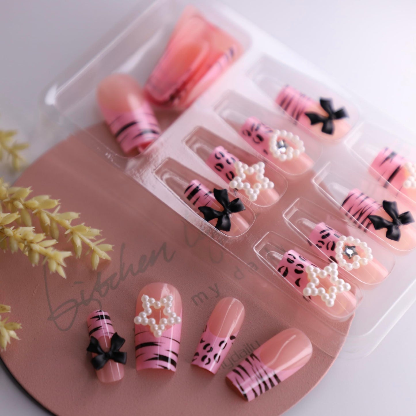 Cute Press on Nails Square Fake Nails Full Cover French Tip Zebra Stick on Nails with Bow Star Hearts Pearl Designs False Nails Pink Glossy Acrylic Glue on Nails for Women Girls Charm Manicure