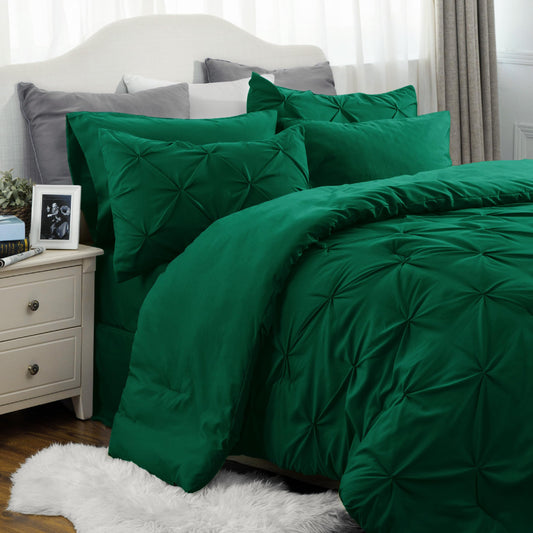 Bedsure Twin Comforter Set with Sheets - 5 Pieces Bedding Sets, Pinch Pleat Dark Green Bed in a Bag with Comforter, Pillowcase & Sham