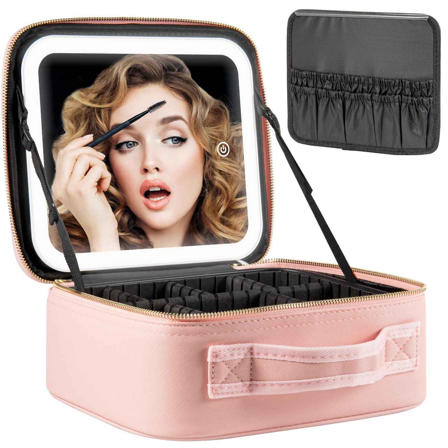 Extrei Gent Makeup Travel Train Case with Mirror LED Light 3 Adjustable Brightness Large Cosmetic Bag Portable Storage Adjustable Partition Waterproof Makeup Brushes Make up Jewelry Gift for Women