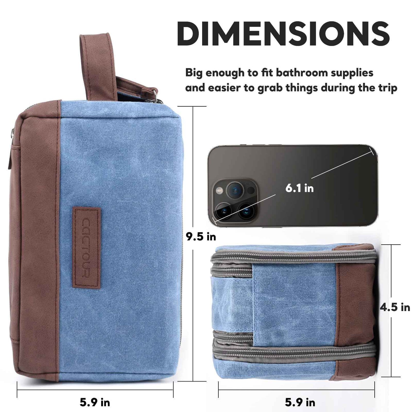 CaCTOUR Toiletry Bag for Men,Large Toiletry Travel Bag,Leather and Canvas Toiletries Bag Dopp Kit Men,Water-resistant Hygiene Bag Shaving Bag for Travel Toiletries Accessories (Blue)