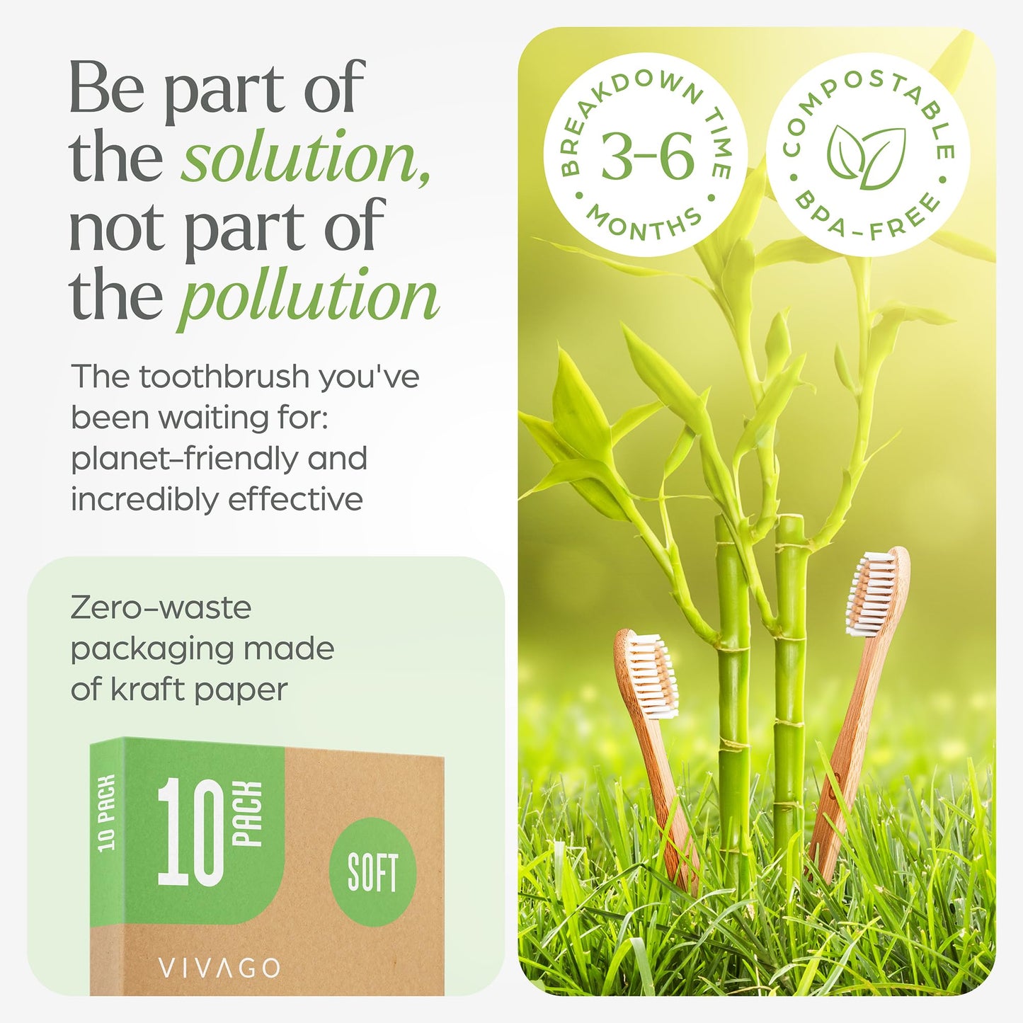 VIVAGO Biodegradable Bamboo Toothbrushes Bulk Soft Bristles (50 Pack) - Eco-Friendly, Compostable Natural Wooden Bulk Toothbrush