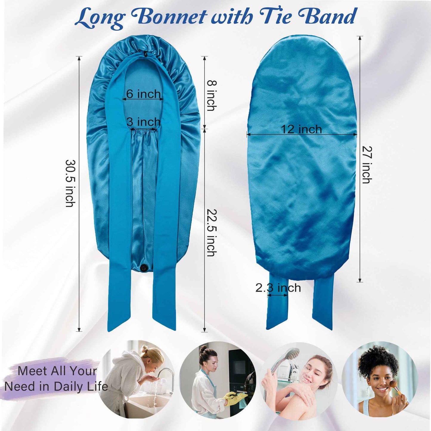 Long Bonnet with Tie Band, Satin Silk Hair Bonnet for Sleeping Women, Sleep Bonnets for Women, Silky Sleep Cap for Curly Hair Braids