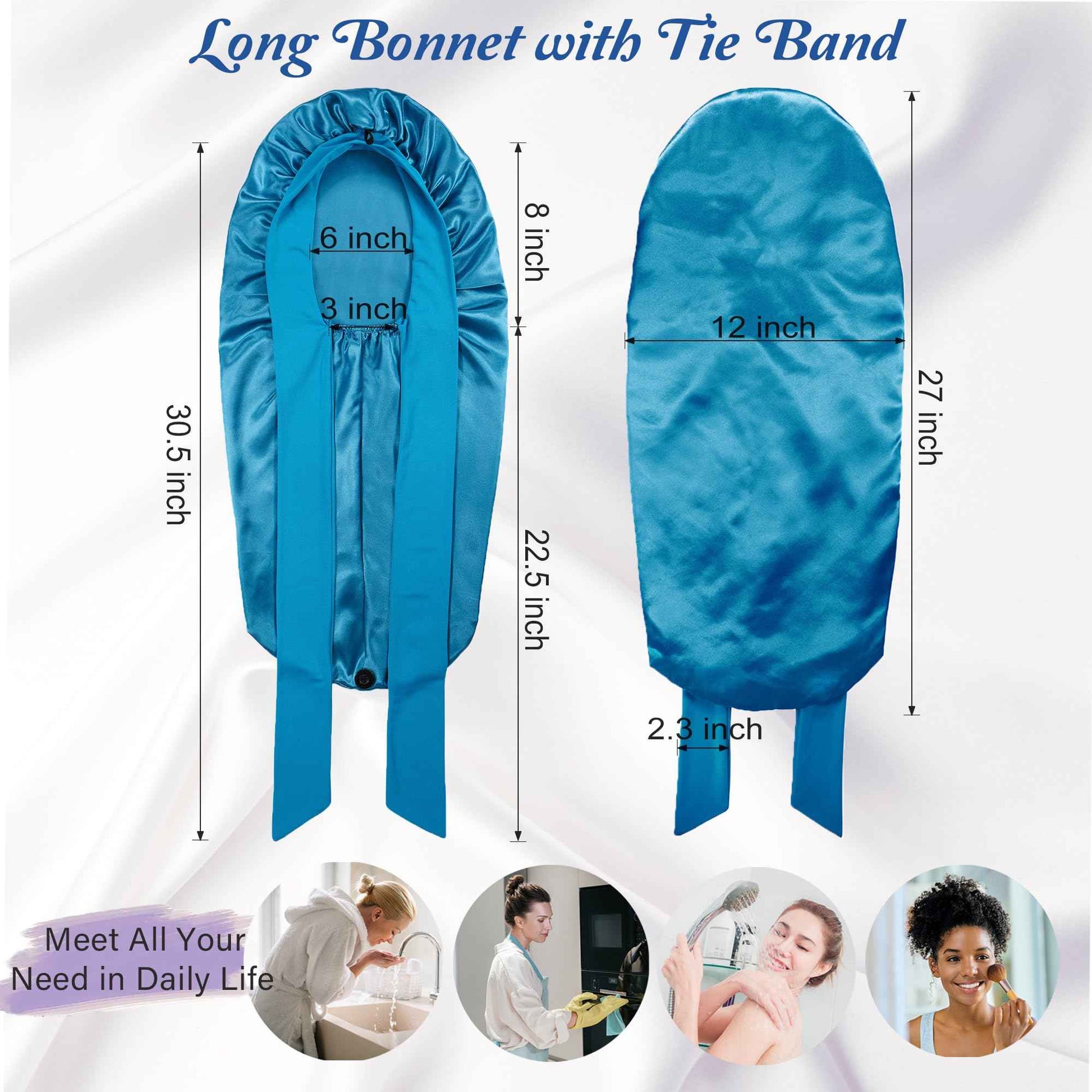 Long Bonnet with Tie Band, Satin Silk Hair Bonnet for Sleeping Women, Sleep Bonnets for Women, Silky Sleep Cap for Curly Hair Braids