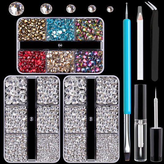 Colorful Face Gems for Makeup Set, Flatback Gorgeous Glass Clear Gems+Mixed-Colored Crystals with Picker Pencil, Makeup Glue, Dual-End Dotting Tool, Tweezer for Eye Body Hair Make-up and Nail Art Deco