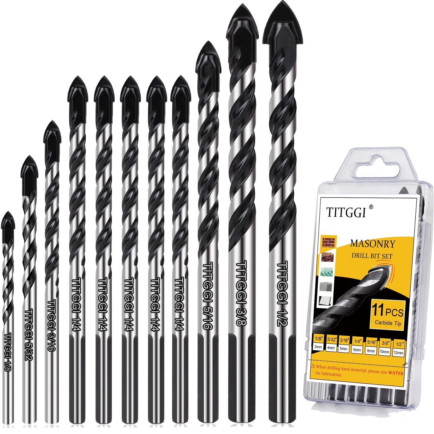 11PCS Masonry Drill Bit Set & Cement Drill Bit, Professional Drill Bit Set for Glass/Brick/Plastic/Cement/Wood/Tile/Etc, Industrial Strength Carbide Drill Bit Tip, 1/8"-1/2" by TITGGI