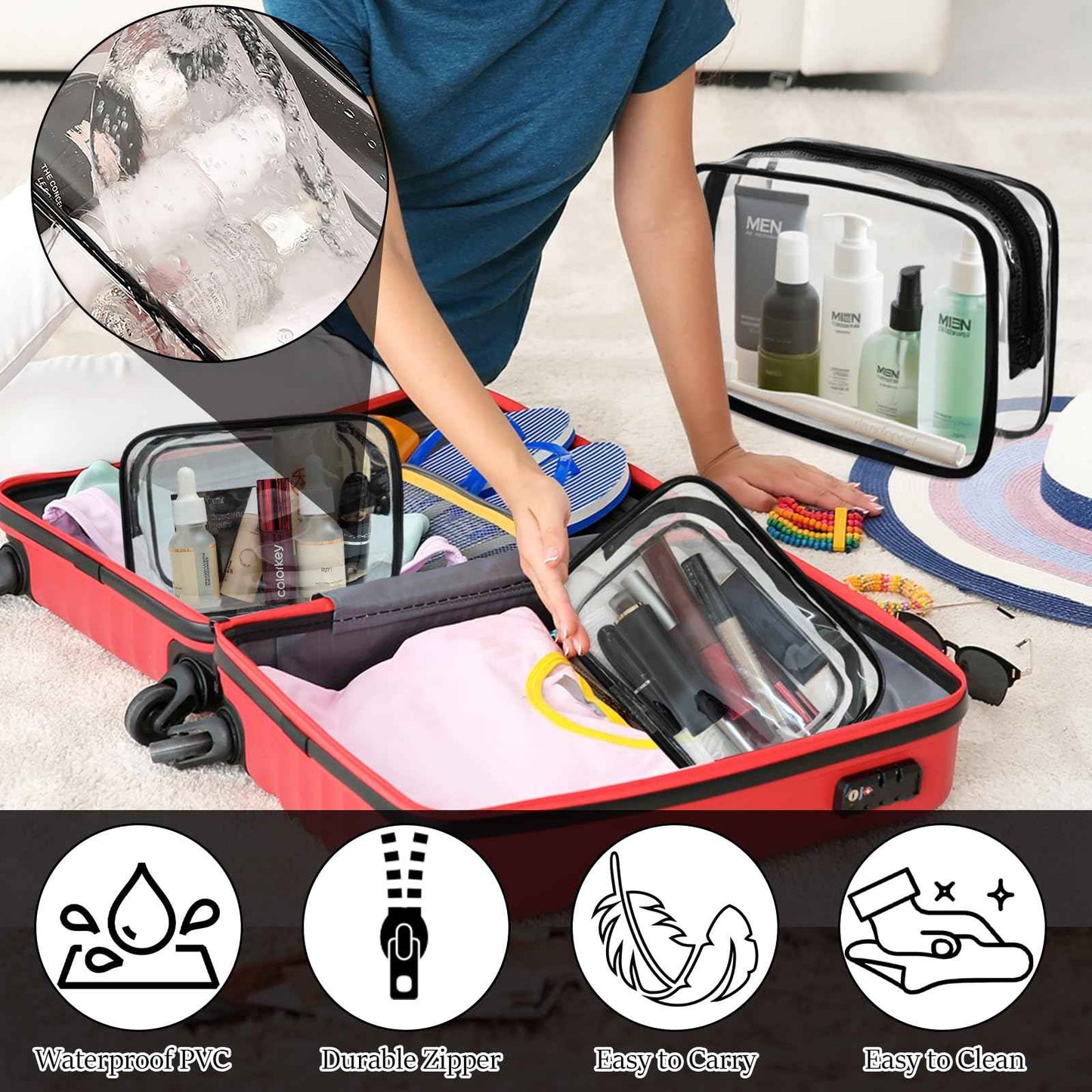 YOQIVEXU 4 Packs Large Clear Comestic Bag, Waterproof Clear Makeup Toiletry Organizer Pouch, Reusable PVC Plastic Storage Bags with Zipper for Travel (4, Black)