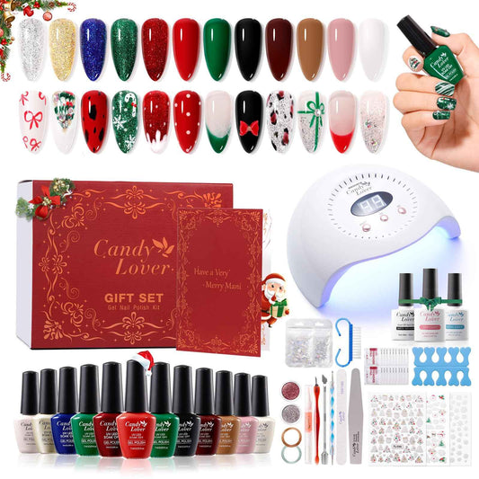 Candy Lover Christmas Gel Nail Polish Kit with U V light - 12 Xmas Colors Gel Polish with 72W Nail Lamp Base Top Coat Gel Nail Kit for Beginners with Everything Manicure Kit for Women Teen Girl Gifts
