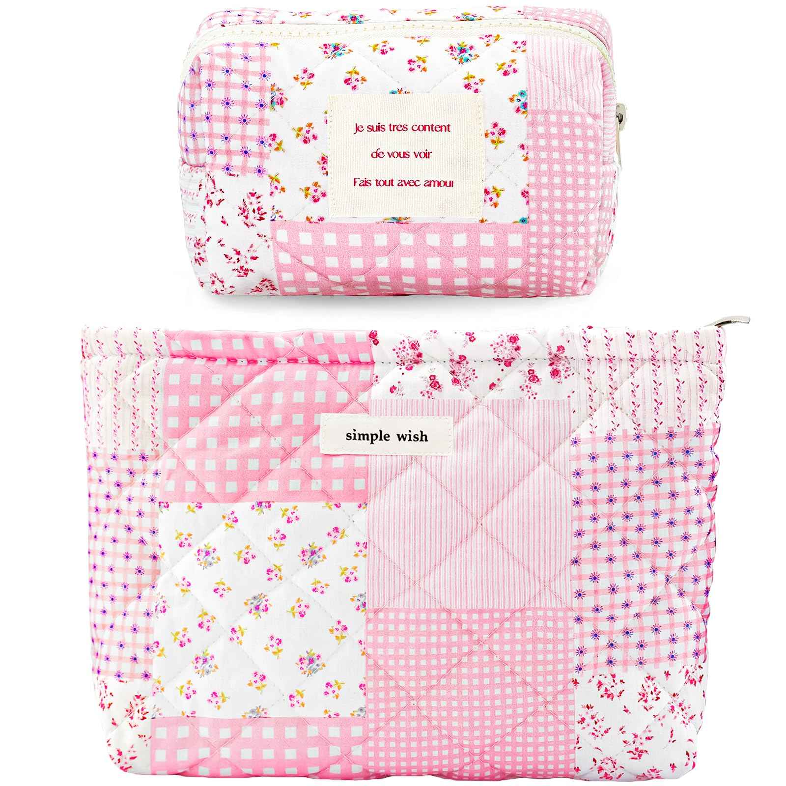 Sminra 2 Pieces Floral Makeup Bag, Cute Travel Quilted Cotton Small Cosmetic Bag Organizer, Coquette Aesthetic Preppy Pouch Purse Toiletry Bag for Women Girls accessories