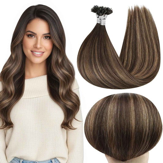 Full Shine U Tip Hair Extensions Real Human Hair 18 Inch Keratin Hair Extensions Utips Balayage Brown Fusion Extensions Natural Straight Remy Hair 50 Grams for Women