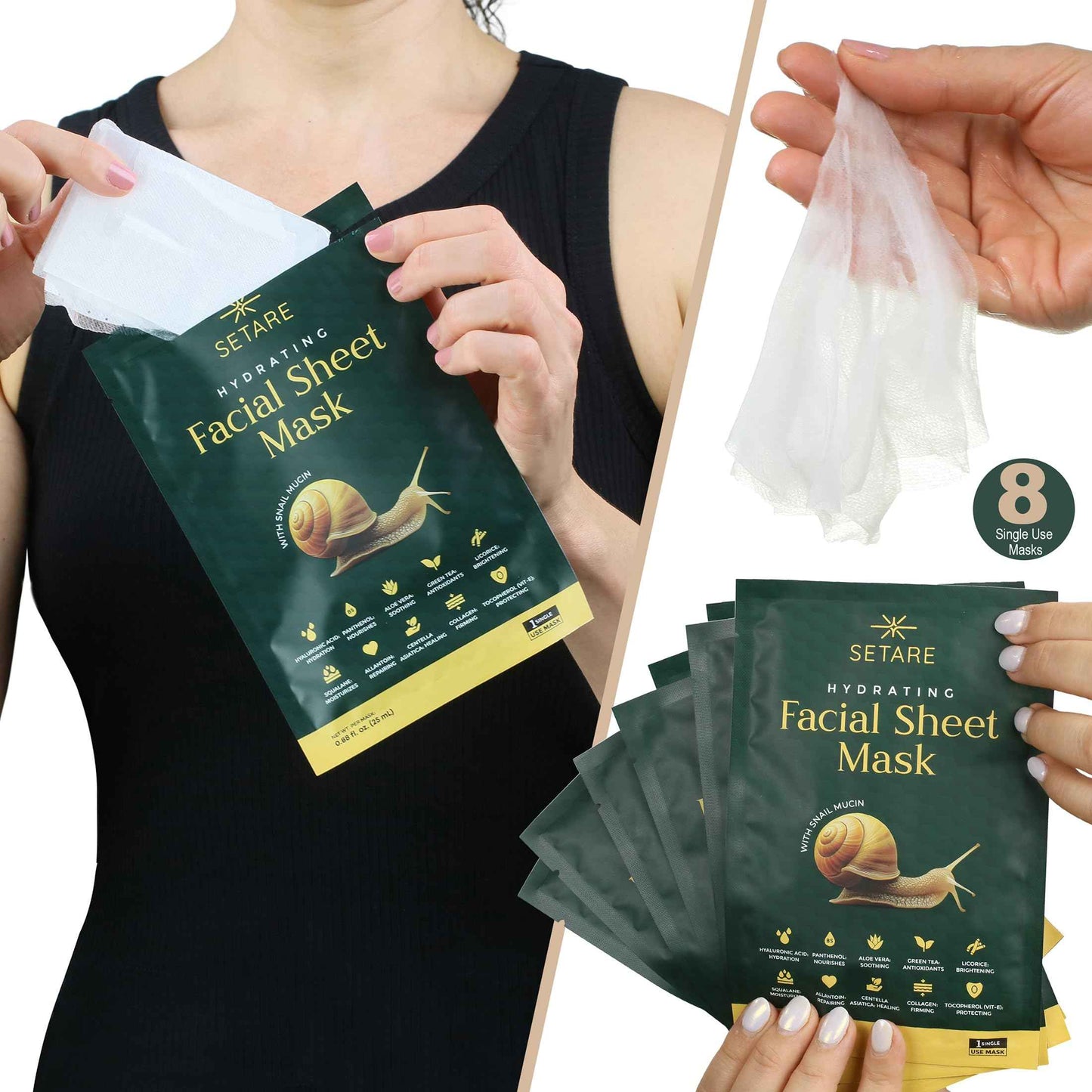 Setare Hydrating Sheet Masks with Snail Mucin, Collagen, Hyaluronic Acid & Premium Botanicals, Korean Beauty Tech, for All Skin Types - 8 Pack