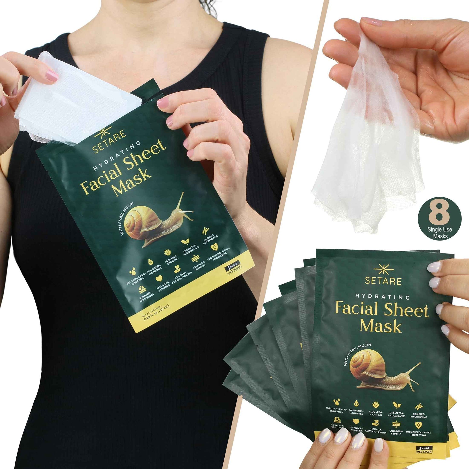 Setare Hydrating Sheet Masks with Snail Mucin, Collagen, Hyaluronic Acid & Premium Botanicals, Korean Beauty Tech, for All Skin Types - 8 Pack