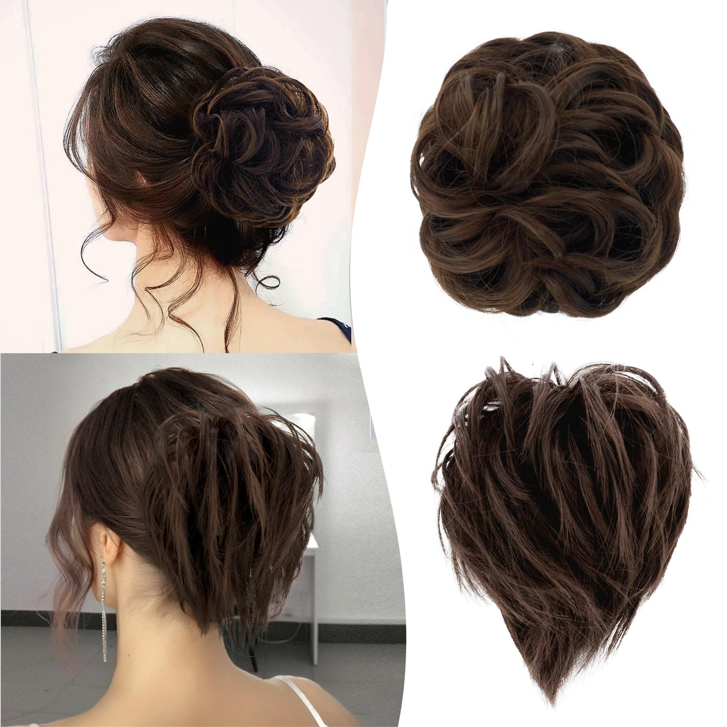 Lynclare 2PCS Messy Bun Hair Piece Wavy Synthetic Hair Extensions，Curly messy Bun Scrunchie Extension for Women， Chignon Tousled Updo Ponytail Hairpieces with Elastic Rubber（Chestnut Brown）