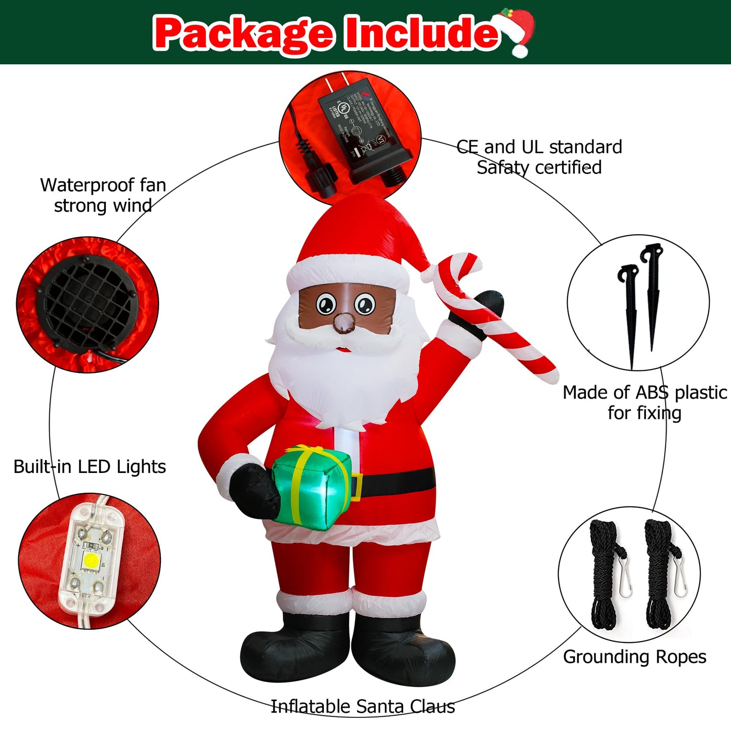 Trystway 6FT Inflatable Christmas Black Santa Claus with Gift Box and Candy Decoration Blow Up Built-in LED for Holiday Lawn Yard Garden Home Indoor Outdoor Party