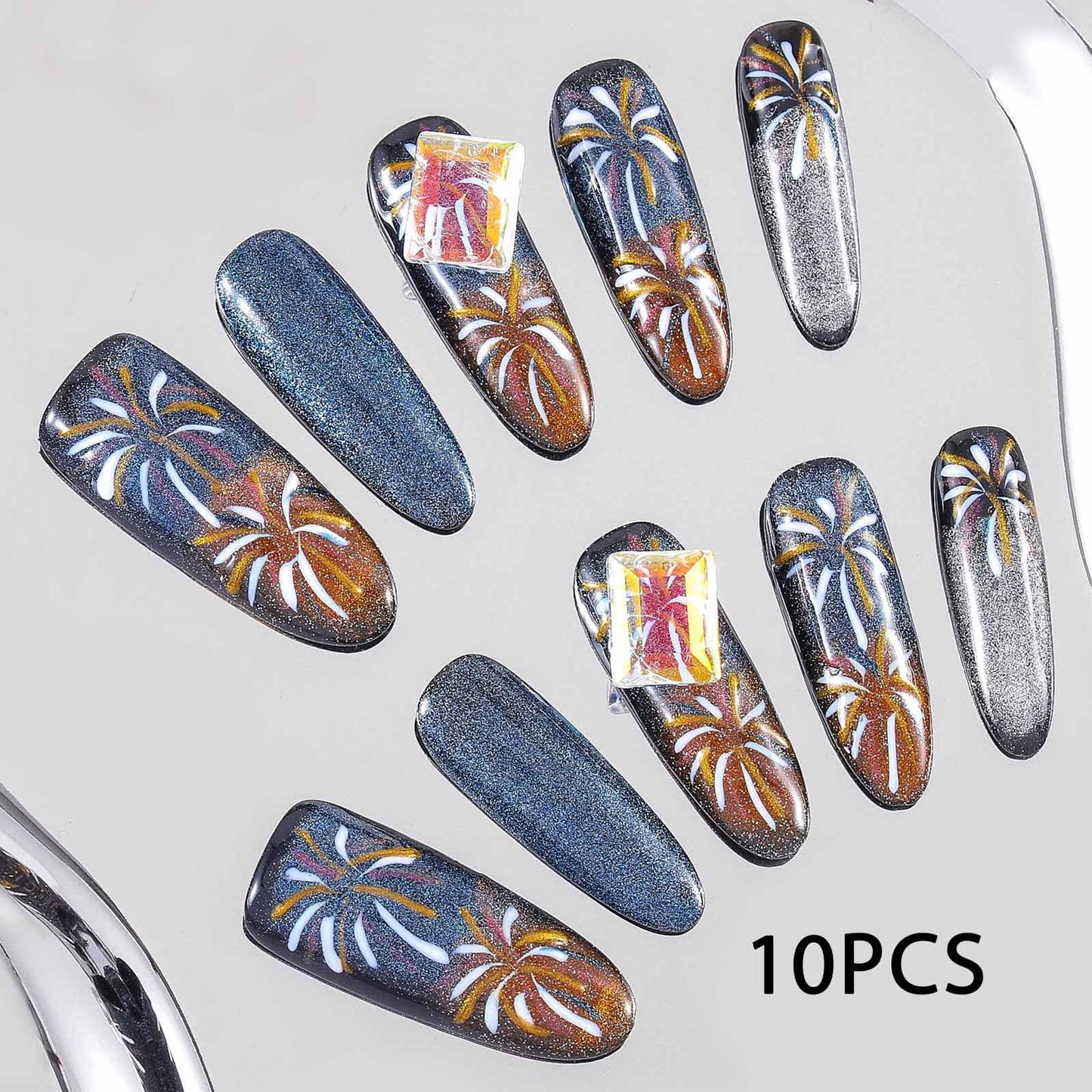 Sethexy Long Oval Handmade Press On Nails Cat Eye Acrylic Colorful Fake Nails Hand-painted Glossy False Nails Salon Nails for Women and Girls 10PCS (Blue2)