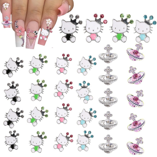 Kawaii Nail Charms and Gems Kitty Planet Nail Charms for Acrylic Nails Y2K DIY Nail Decorations Nail Art Supplies 3D Flatback Resin Charms Cartoon Slime Jewels Cute DIY Nail Accessories (30PCS)