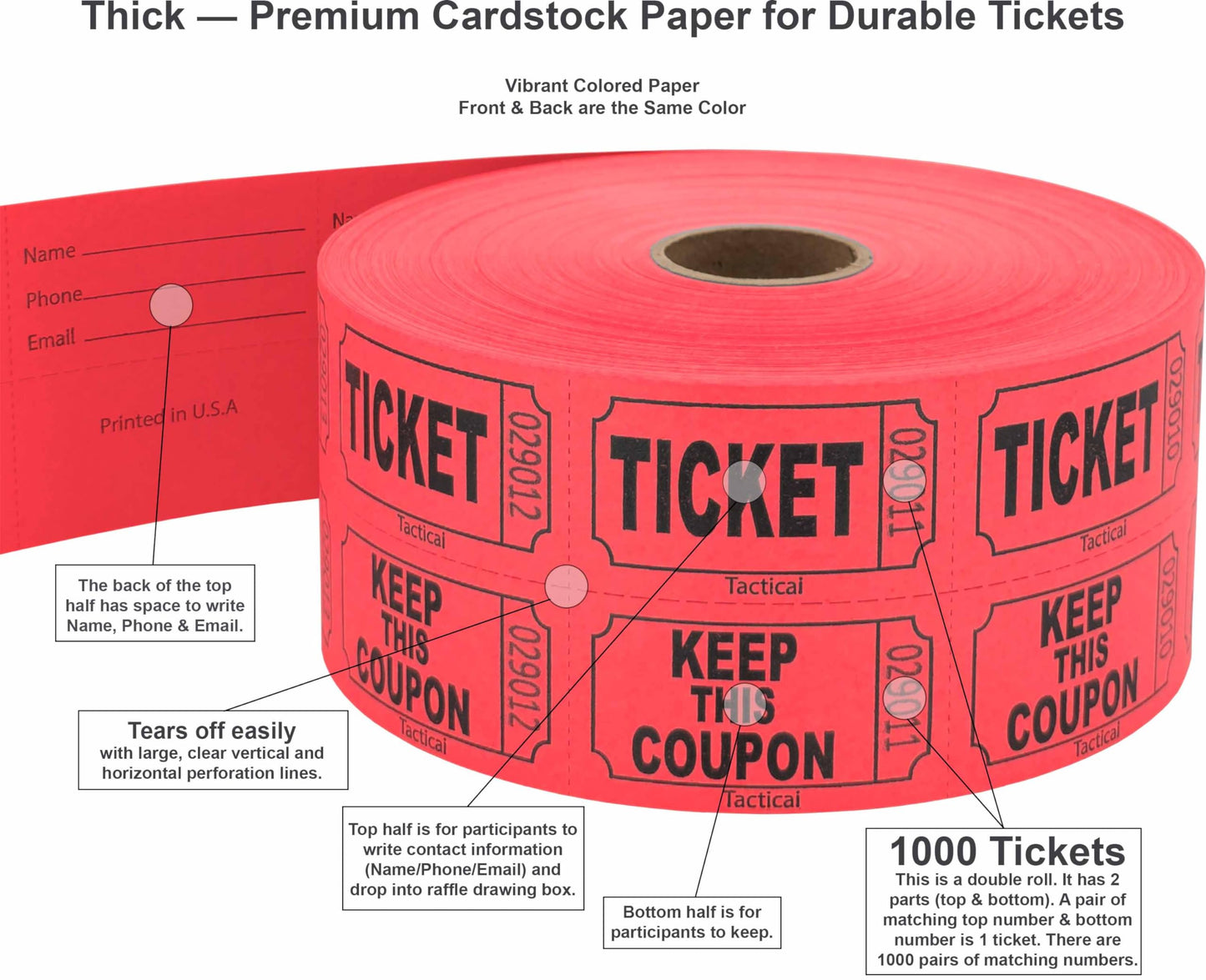 1000 Tacticai Raffle Tickets, Red (8 Color Selection), Double Roll, Ticket for Events, Entry, Class Reward, Fundraiser & Prizes