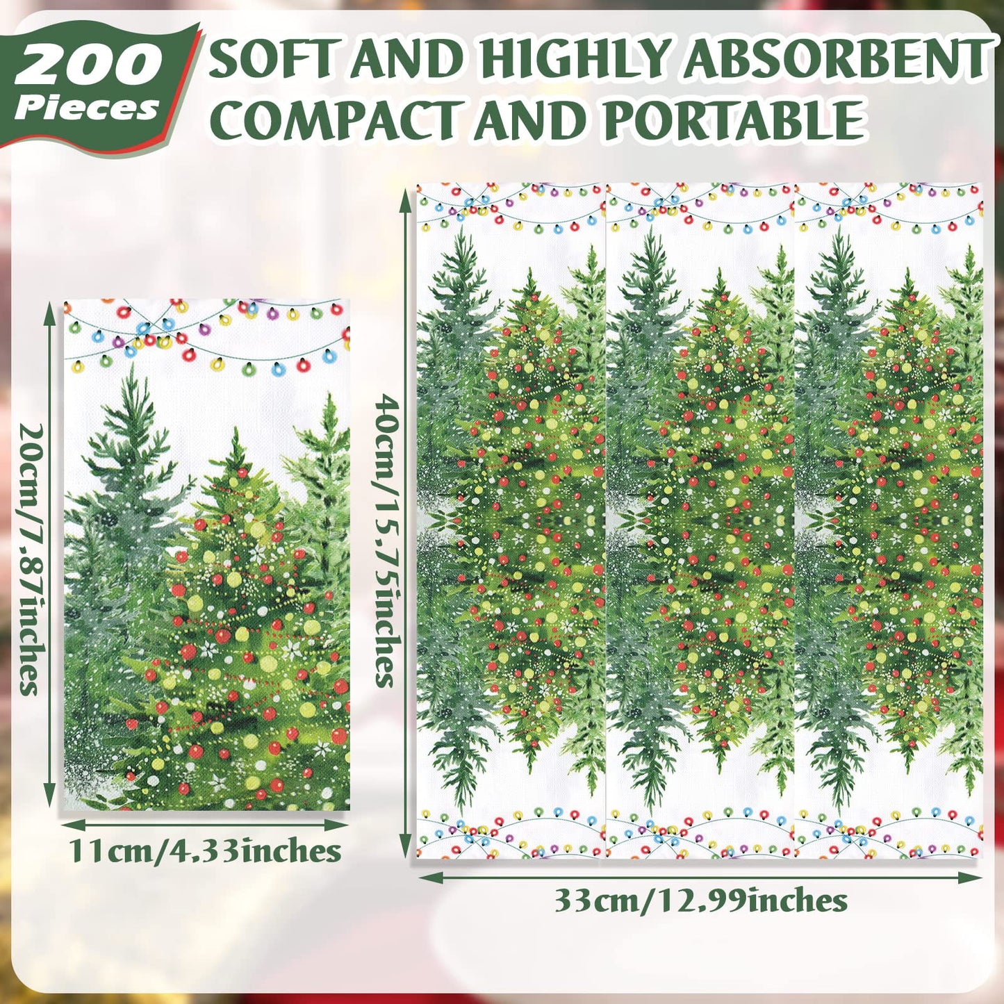 Spiareal Christmas Guest Napkins Christmas Disposable Paper Napkins 2 Ply Christmas Tree Guest Hand Towels for Xmas Bathroom Dinner Birthday Weeding Party Supplies (200 Pcs)