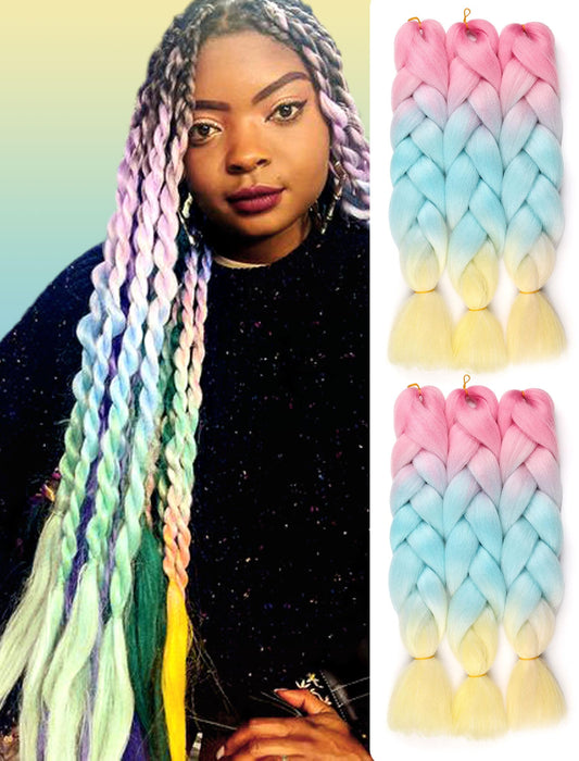 Pink Blue Yellow Braiding Hair Extensions Ombre Braiding Hair 6 Packs 24 inch Synthetic Hair for Braiding