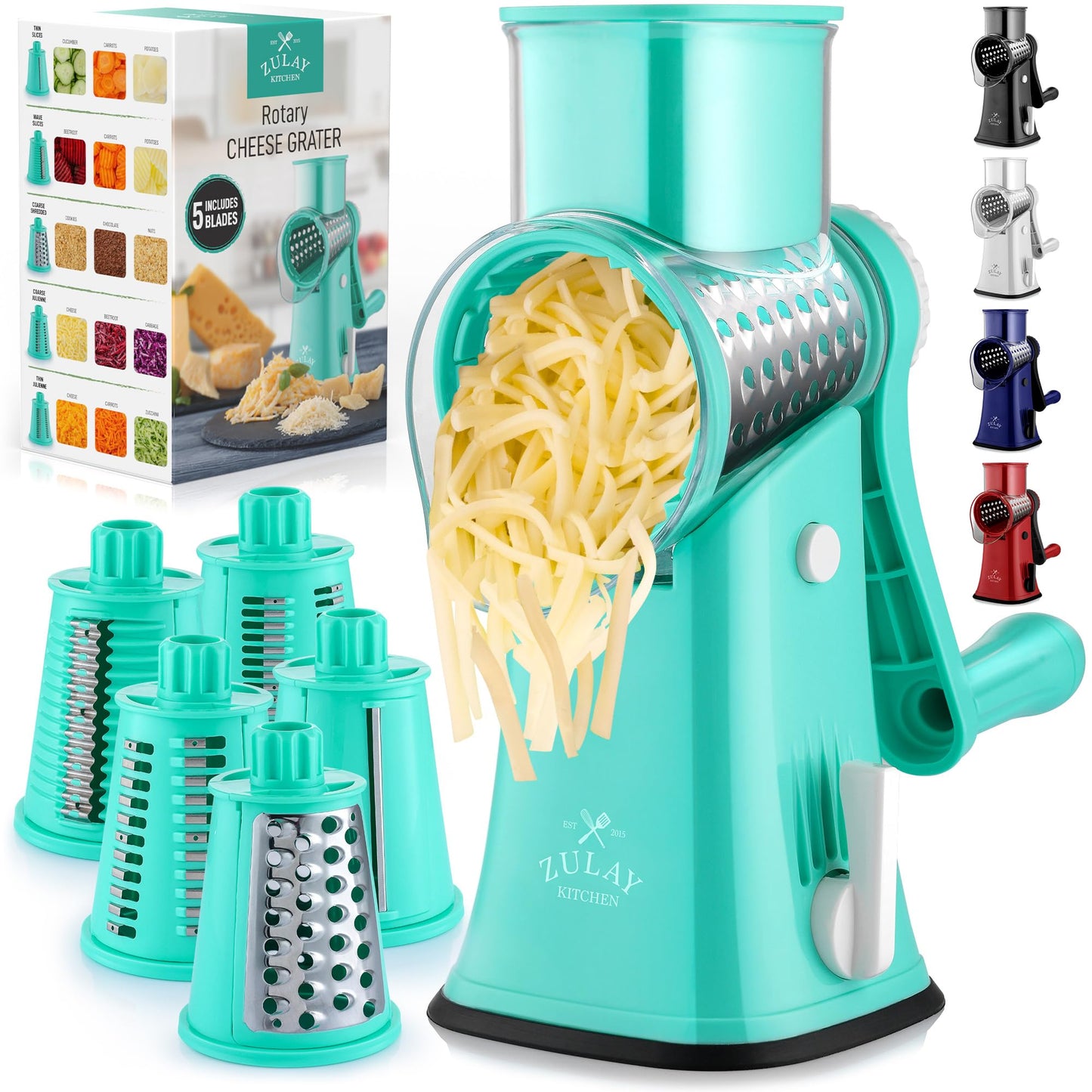 Zulay Rotary Cheese Grater 5 Blade Cheese Shredder - Manual Hand Crank Cheese Grater With Reinforced Suction & 5 Interchangeable Drums - Easy to Use Vegetable Chopper - Calm Teal