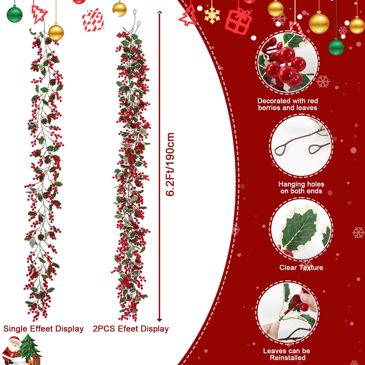 U'Artlines Total 12.4Ft Christmas Garland 2PCS Artificial Holiday Hanging Garlands Christmas Vine with Red Berries Pinecone for Stairs Wall Fireplace Mantel Indoor Outdoor Decor