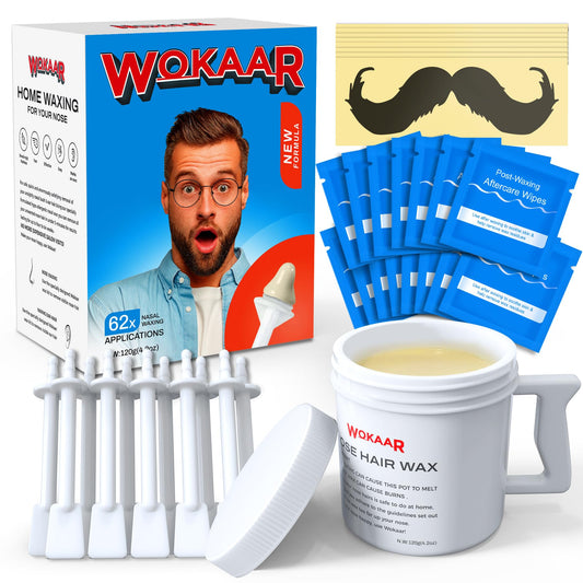 Wokaar Nose Wax Kit Men, New 120gm Hypoallergenic Wax, 30 Applicators, Nose and Ear Hair Removal Kit for Women, Sanitary & Easy Nasal Waxing Kit .15 Post Waxing Balm Wipes, 15 Mustache Guards