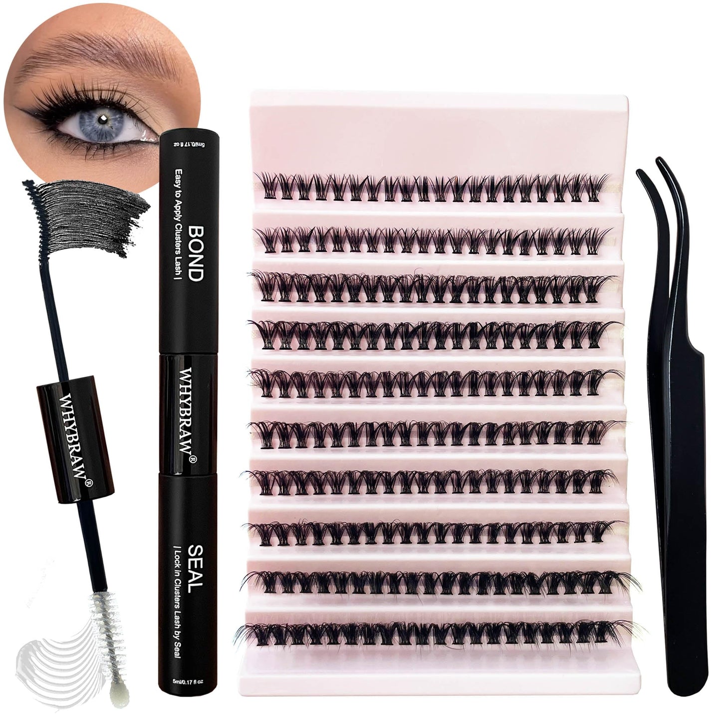 Lash Extension Kit D Curl Lash Clusters WHYBRAW Eyelash Extension Kit with 7 Days Long Lasting Bond Lash Bond and Seal 120 Pcs Natural Individual Lashes Kit with Cluster Lash Tweezers